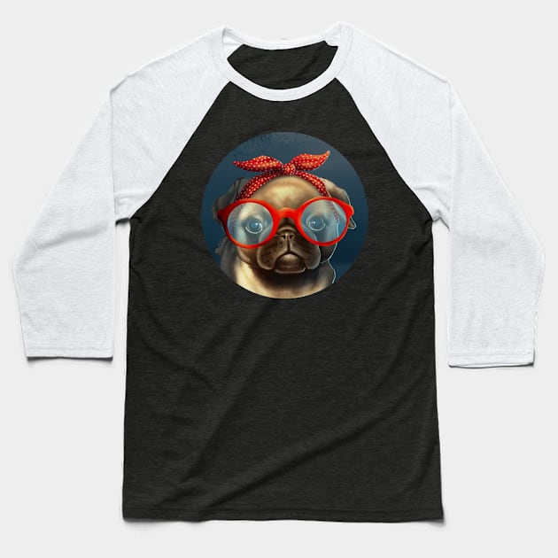 Pug Mama Retro Headband Animal Dog Caricature Baseball T-Shirt by Jay Diloy